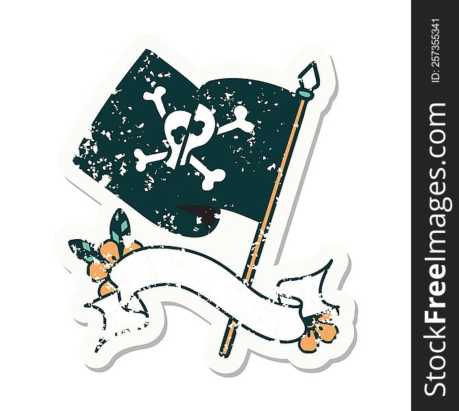grunge sticker with banner of a pirate flag