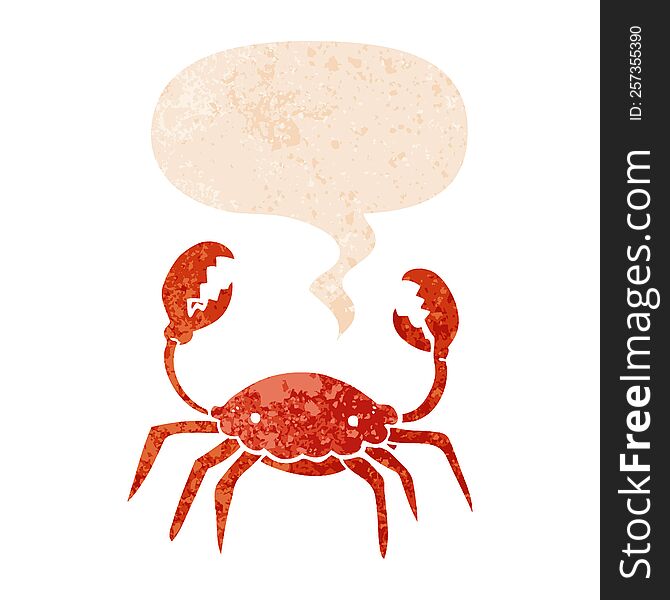 cartoon crab and speech bubble in retro textured style