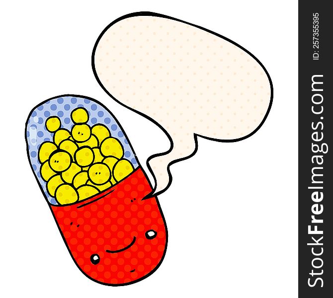 cartoon pill with speech bubble in comic book style