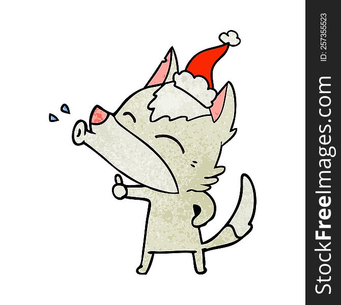 howling wolf hand drawn textured cartoon of a wearing santa hat. howling wolf hand drawn textured cartoon of a wearing santa hat