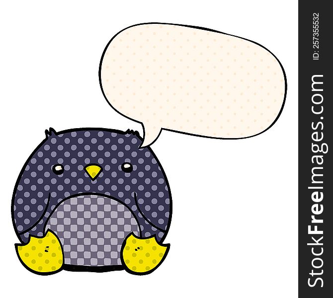 cartoon penguin with speech bubble in comic book style