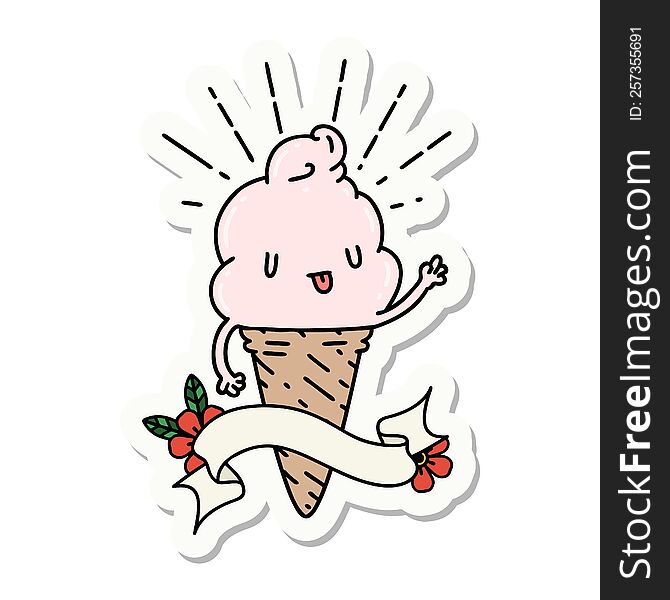 sticker of a tattoo style ice cream character waving