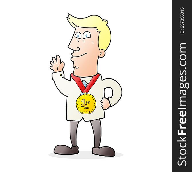 Cartoon Waving Man With Award