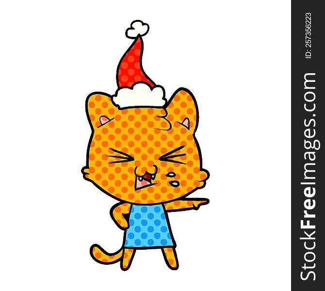 Comic Book Style Illustration Of A Hissing Cat Wearing Santa Hat