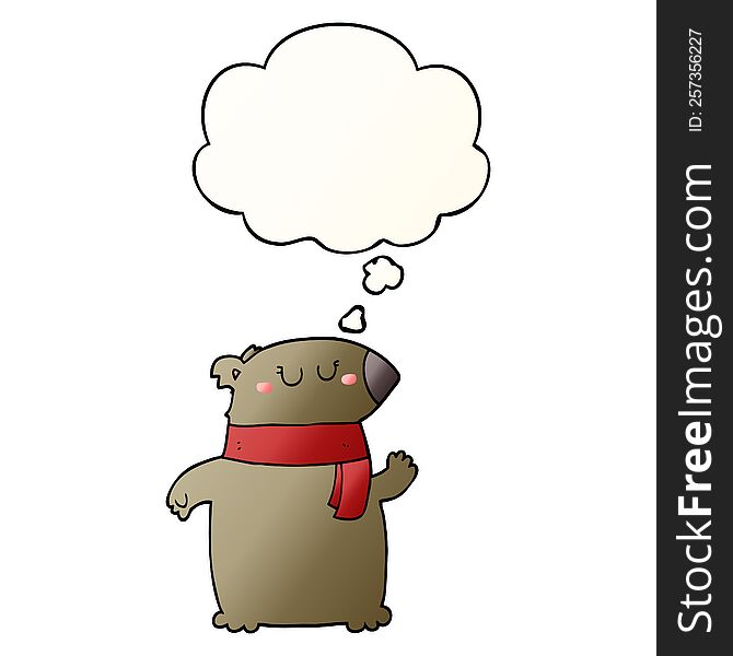 cartoon bear with scarf with thought bubble in smooth gradient style