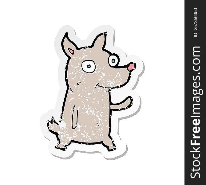 retro distressed sticker of a cartoon little dog waving