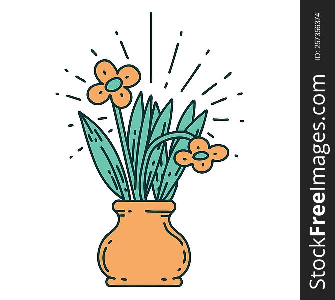 illustration of a traditional tattoo style flowers in vase