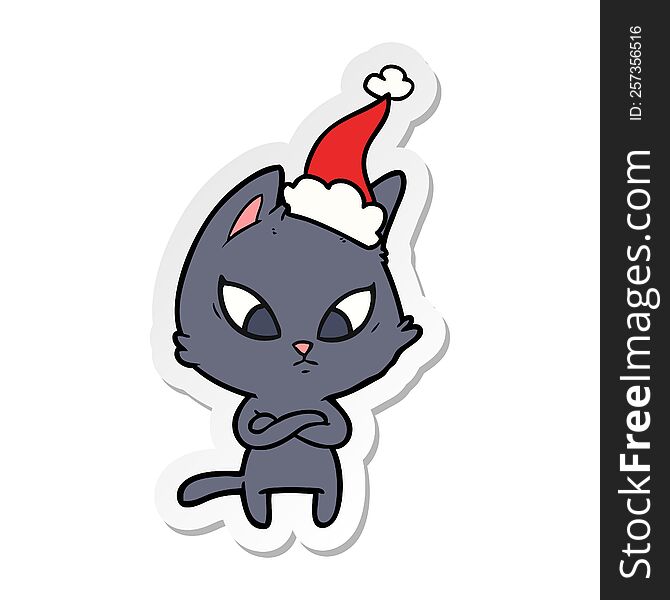 Confused Sticker Cartoon Of A Cat Wearing Santa Hat