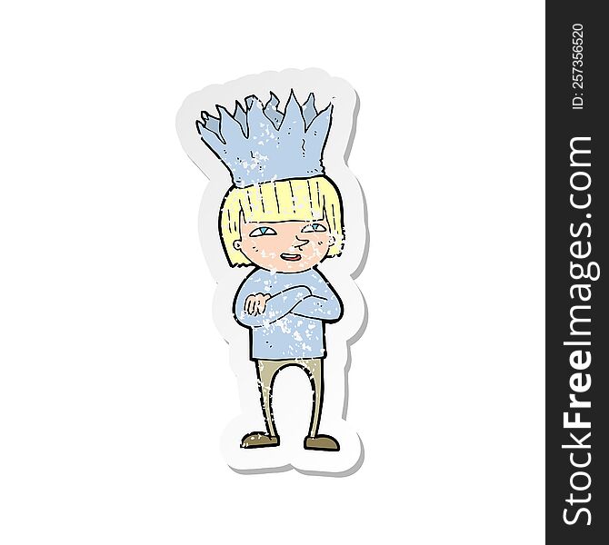 retro distressed sticker of a cartoon person wearing paper crown