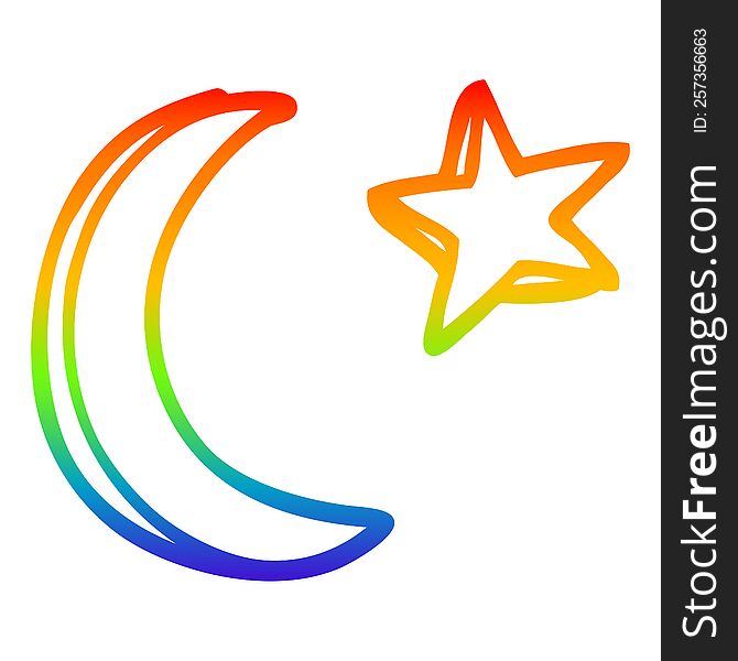 rainbow gradient line drawing of a cartoon moon and star shape