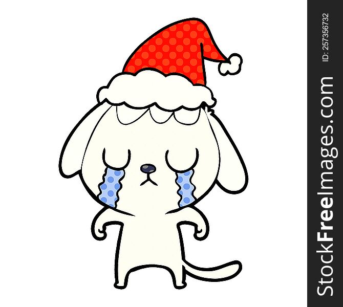 cute hand drawn comic book style illustration of a dog crying wearing santa hat