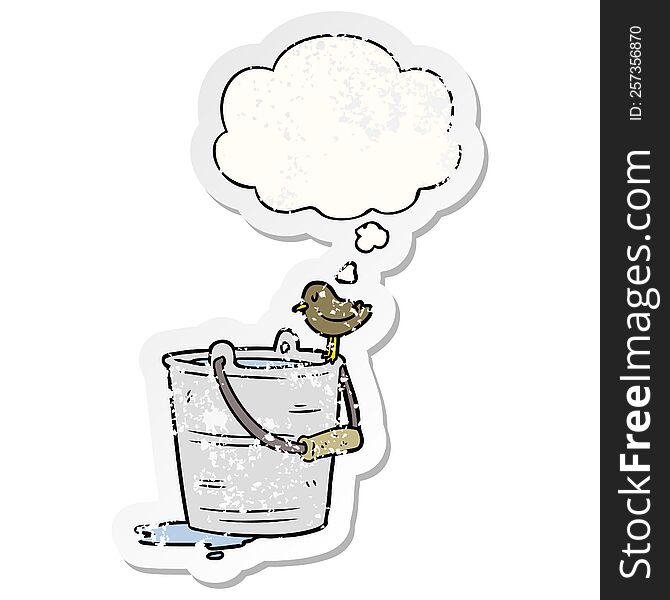 cartoon bucket of water with thought bubble as a distressed worn sticker