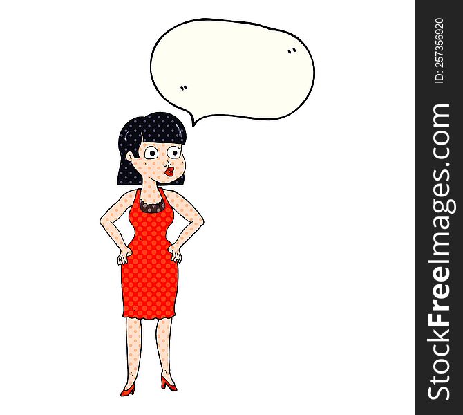 freehand drawn comic book speech bubble cartoon woman in dress with hands on hips
