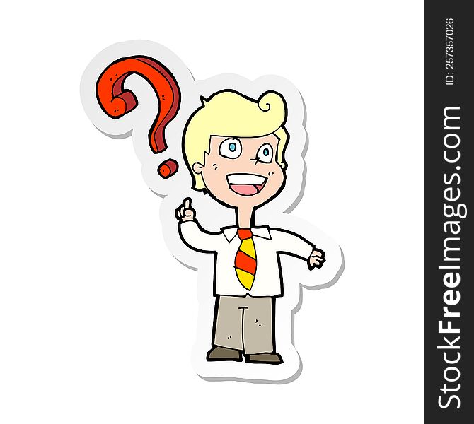 sticker of a cartoon school boy asking question
