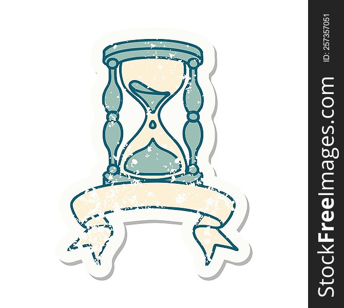 grunge sticker with banner of an hour glass