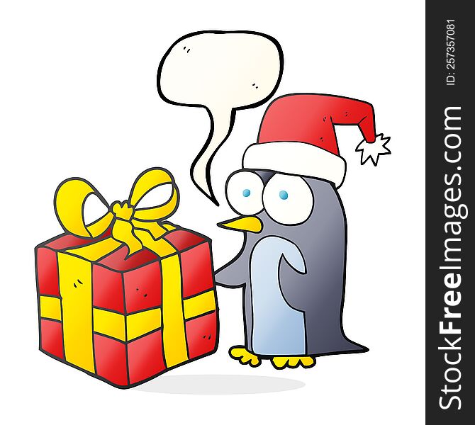 freehand drawn speech bubble cartoon christmas penguin with present