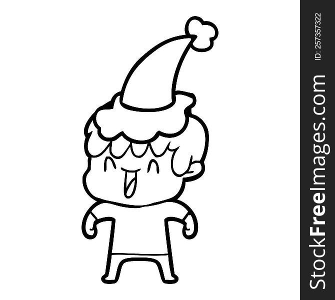 Line Drawing Of A Laughing Boy Wearing Santa Hat