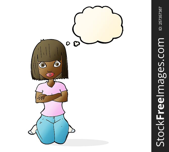 Cartoon Woman Kneeling With Thought Bubble