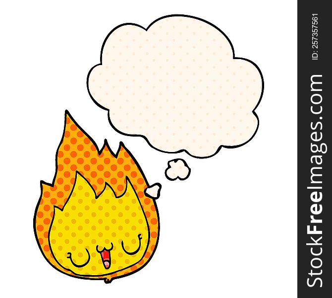 cartoon flame with face with thought bubble in comic book style