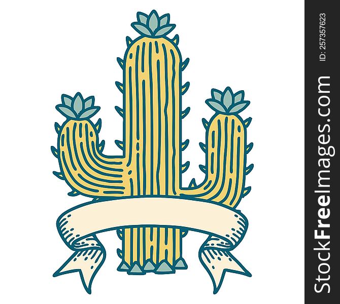 traditional tattoo with banner of a cactus