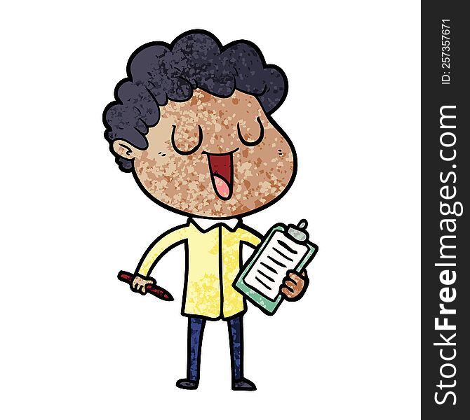 laughing cartoon man with clipboard and pen. laughing cartoon man with clipboard and pen