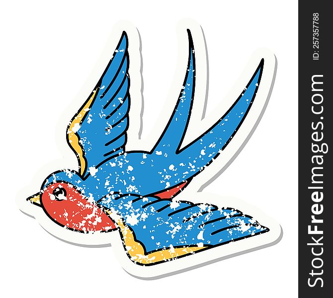 Traditional Distressed Sticker Tattoo Of A Swallow