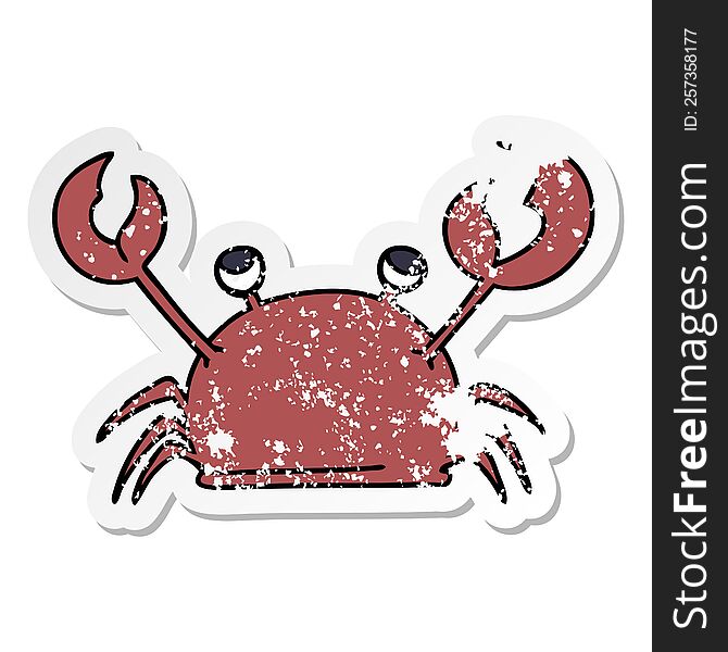 distressed sticker of a quirky hand drawn cartoon happy crab