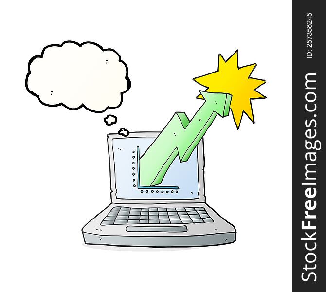 freehand drawn thought bubble cartoon laptop computer with business graph