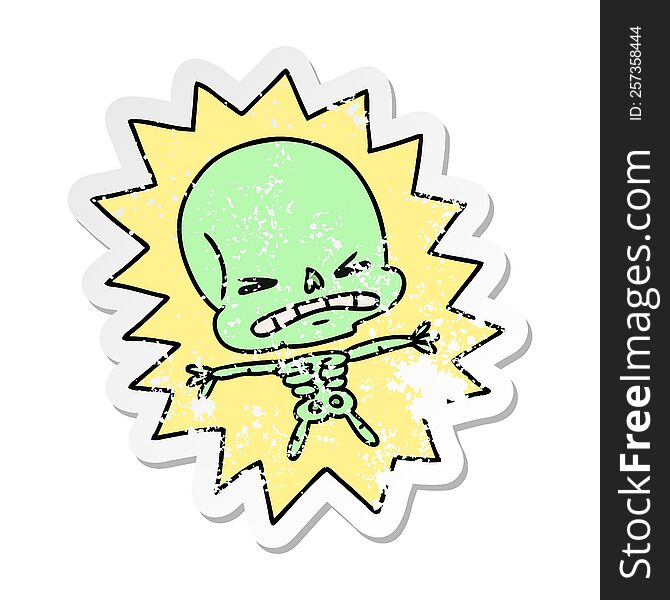 freehand drawn distressed sticker cartoon of a scary skeleton