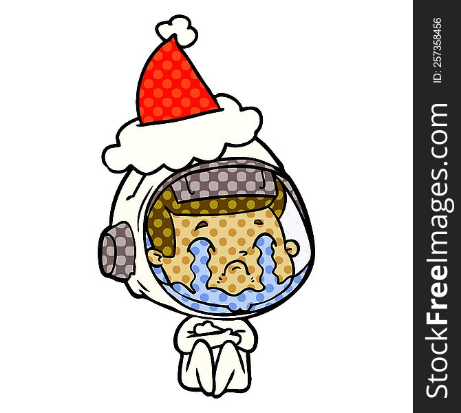Comic Book Style Illustration Of A Crying Astronaut Wearing Santa Hat