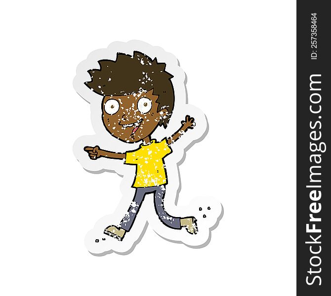 Retro Distressed Sticker Of A Cartoon Crazy Excited Boy