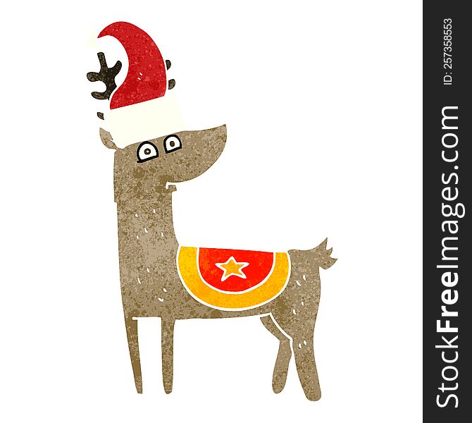 freehand retro cartoon reindeer wearing christmas hat