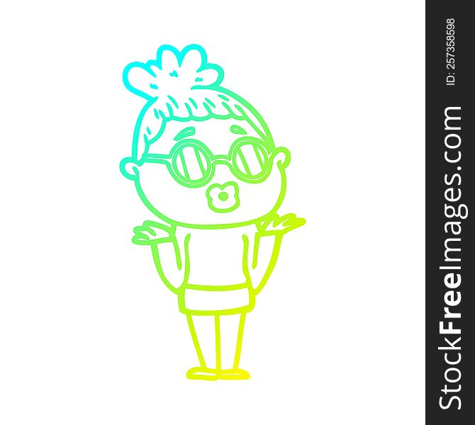 Cold Gradient Line Drawing Cartoon Confused Woman Wearing Spectacles