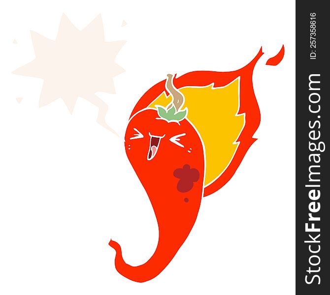 cartoon flaming hot chili pepper with speech bubble in retro style