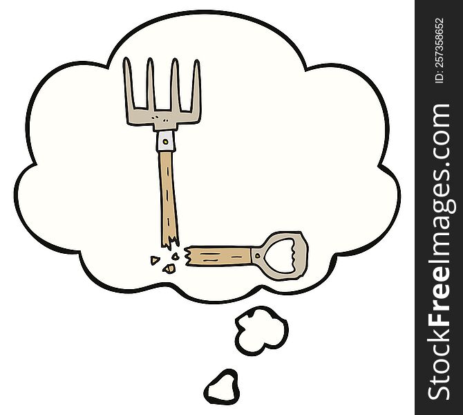 cartoon broken pitchfork with thought bubble. cartoon broken pitchfork with thought bubble