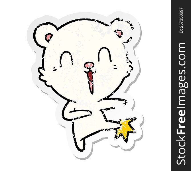 distressed sticker of a happy cartoon polar bear kicking