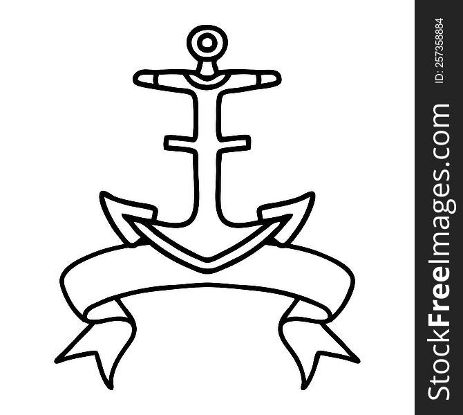 Black Linework Tattoo With Banner Of An Anchor