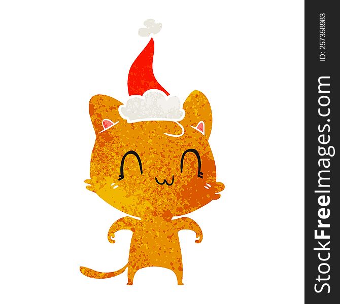 Retro Cartoon Of A Happy Cat Wearing Santa Hat