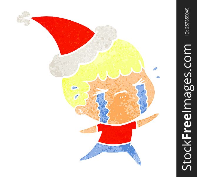 Retro Cartoon Of A Man Crying Wearing Santa Hat