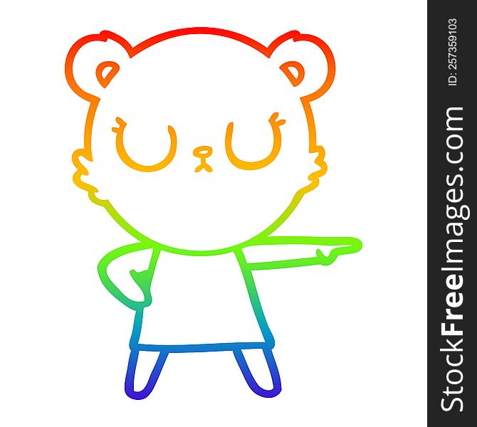 rainbow gradient line drawing of a peaceful cartoon bear in dress pointing