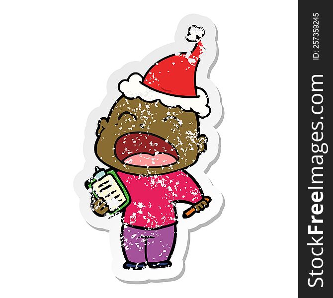 Distressed Sticker Cartoon Of A Shouting Bald Man Wearing Santa Hat