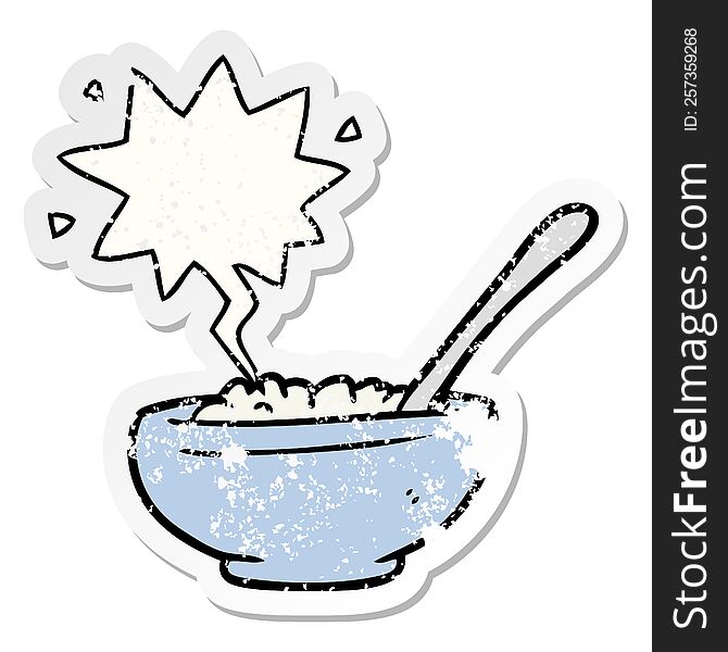 Cartoon Bowl Of Rice And Speech Bubble Distressed Sticker