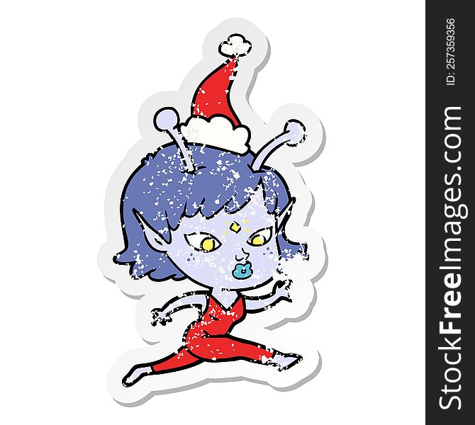 pretty hand drawn distressed sticker cartoon of a alien girl running wearing santa hat