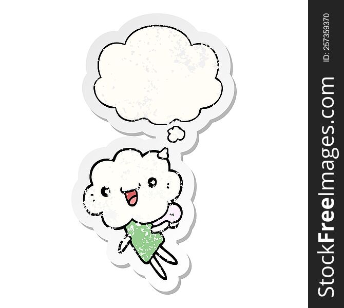 cartoon cloud head creature with thought bubble as a distressed worn sticker