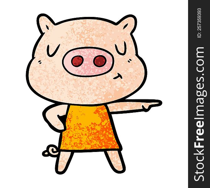 cartoon content pig in dress pointing. cartoon content pig in dress pointing