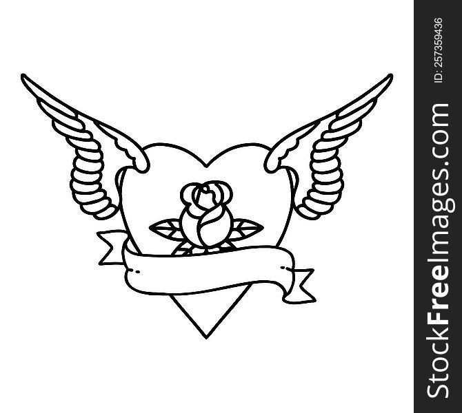 tattoo in black line style of heart with wings a rose and banner. tattoo in black line style of heart with wings a rose and banner