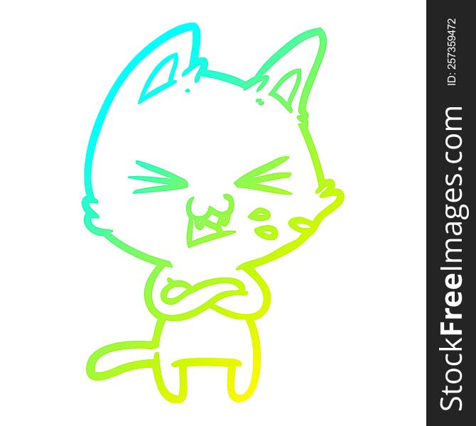 Cold Gradient Line Drawing Cartoon Cat With Crossed Arms