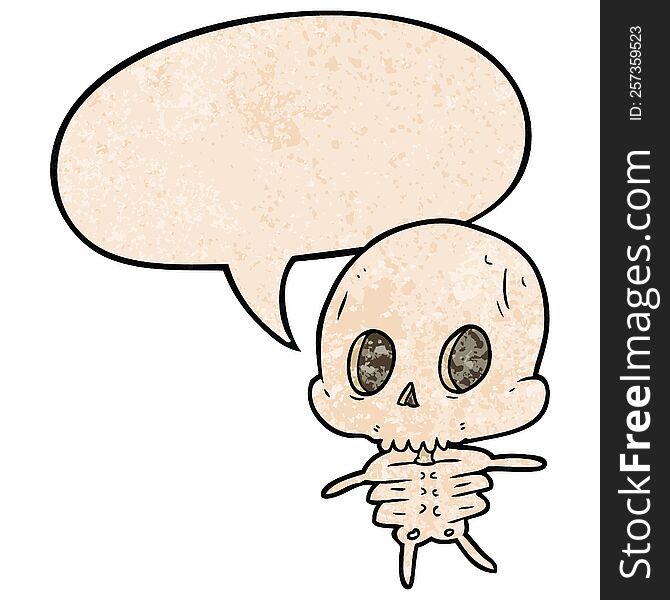 cute cartoon skeleton with speech bubble in retro texture style