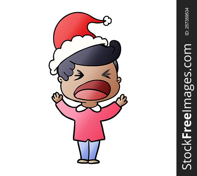hand drawn gradient cartoon of a shouting man wearing santa hat