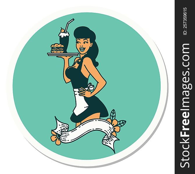 sticker of tattoo in traditional style of a pinup waitress girl with banner. sticker of tattoo in traditional style of a pinup waitress girl with banner